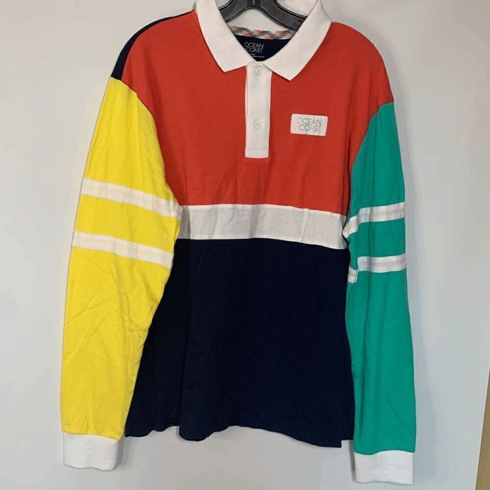 Ocean Coast Color Block Long Sleeve Collared Polo Shirt Size Large